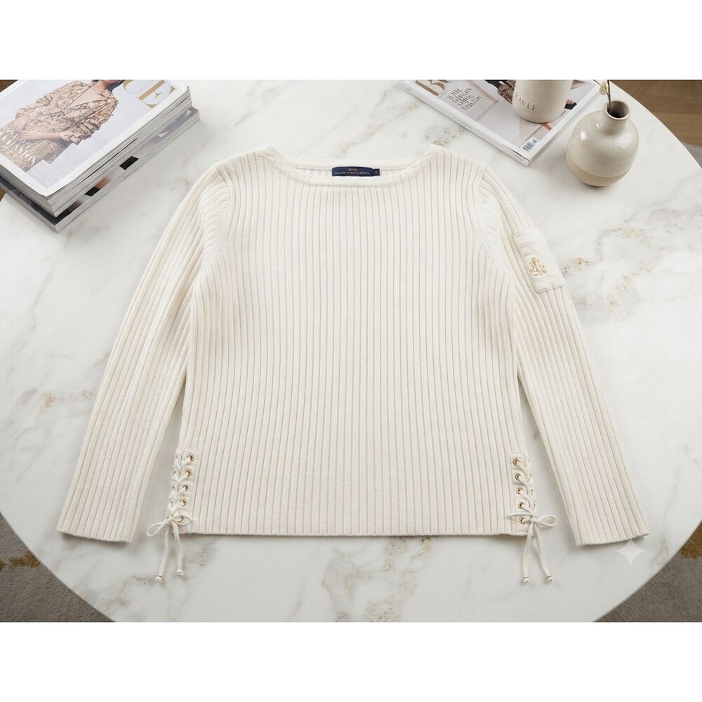 Vntg 90s Lauren Ralph Lauren Women L Ribbed Cotton Sweater Lace Up Anchor Pocket